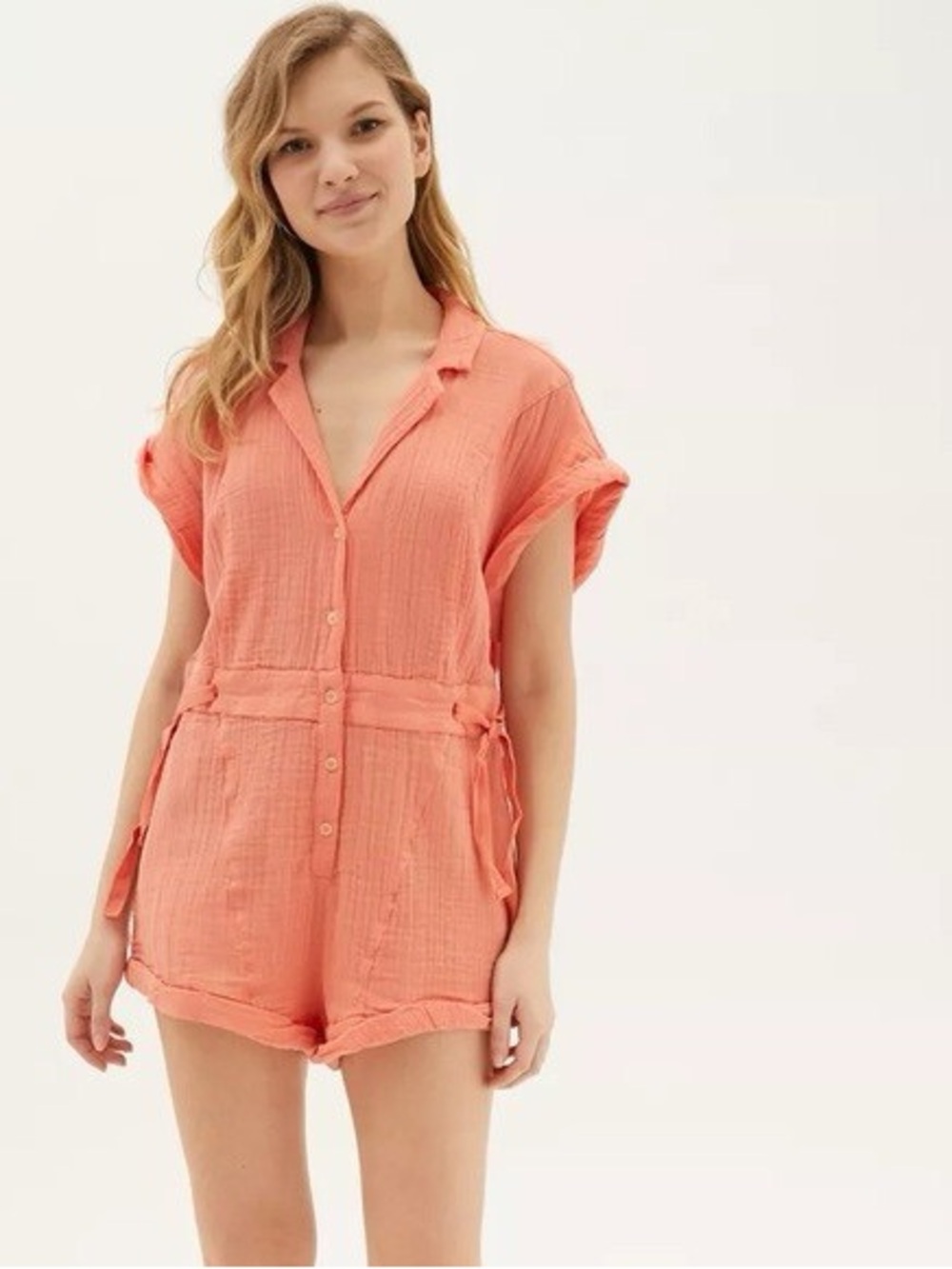 Urban Outfitters $54 NWT Out from Under Rosie Muslin Papaya Cotton Romper M